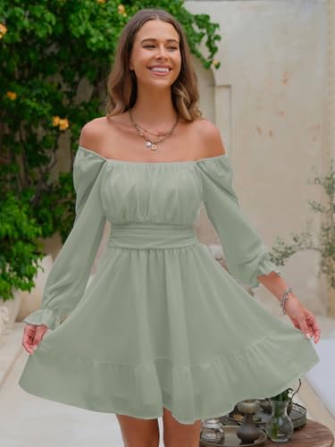 Women's 2025 Casual Long Lantern Sleeve Dresses Square Neck Ruffle Tie Back Elastic Waist Aline Short Mini Dress