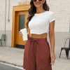 Womens Casual Loose Elastic Drawstring Summer Beach Bermuda Pocketed Shorts