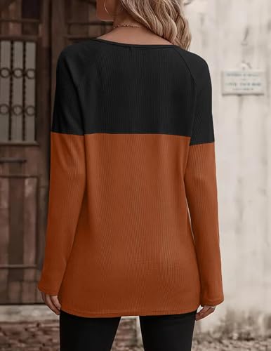 Women Waffle Knit Shirts Long Sleeve Colorblock Tee Button Detail Tunics