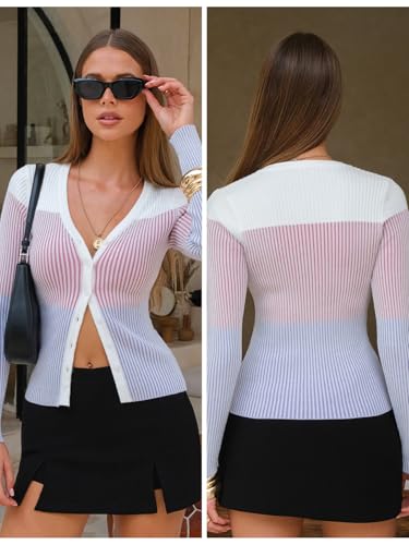 Womens Fall Lightweight Cropped Cardigans Long Sleeve Button Up V Neck Sweater Ribbed Knit Open Front Tops 2025 Trendy
