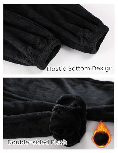Womens Fleece Pajama Pants Warm Fuzzy Cozy Mens Sleep Bottoms With Pockets(-Black-M)