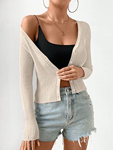 Women's Ribbed Knit Button Down V Neck Lightweight Cropped Cardigan Sweater