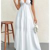 Women's Deep V Neck Tie Knot Backless Halter Dress A Line Flowy Ruffle Maxi Dress