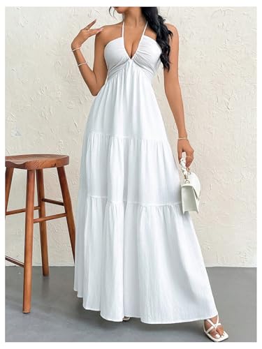 Women's Deep V Neck Tie Knot Backless Halter Dress A Line Flowy Ruffle Maxi Dress