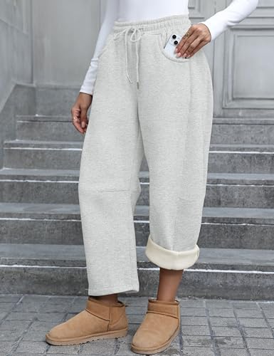 Womens Fleece Lined Sweatpants Barrel Leg High Waist Winter Joggers Cozy Home Travel Lounge Pants with Pockets