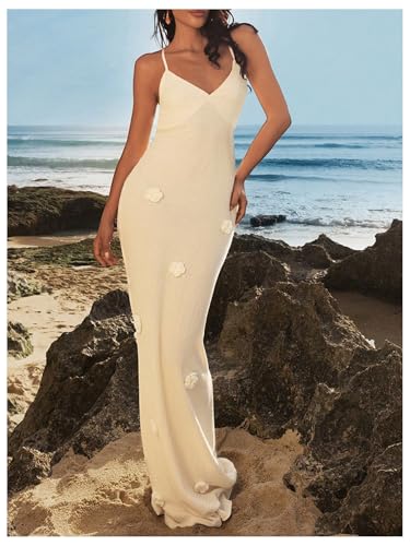 Women's Plunge Neck Backless Low Cut Maxi Dress Rose Floral Wedding Guest Dresses
