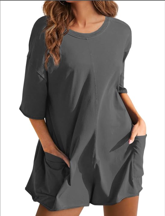 Rompers for Women Casual Short Sleeve Oversized Athletic Workout Reversible Hot Shot Tee Romper Deep Pockets