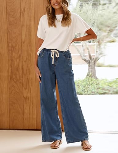 Women Wide Leg Jeans Casual Loose Fit High Elastic Waist Denim Pants with Pockets