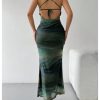 Women's Tie Dye Mesh Maxi Dress Cowl Neck Backless Sexy Bodycon Party Long Dress
