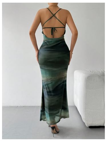 Women's Tie Dye Mesh Maxi Dress Cowl Neck Backless Sexy Bodycon Party Long Dress