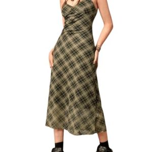 Women's Mesh Spaghetti Strap Long Plaid Dress V Neck Vintage Flared Cami Dress