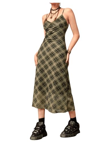 Women's Mesh Spaghetti Strap Long Plaid Dress V Neck Vintage Flared Cami Dress