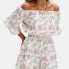 Women's Summer Floral Romper Dress Off Shoulder Ruffle Elastic Wasit Wide Leg Shorts Jumpsuit Vacation Beach 2025