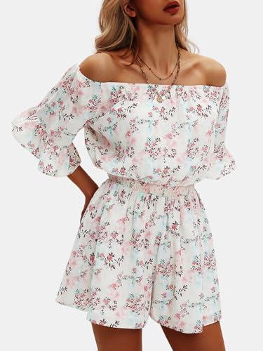 Women's Summer Floral Romper Dress Off Shoulder Ruffle Elastic Wasit Wide Leg Shorts Jumpsuit Vacation Beach 2025