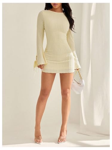 Women's Sexy Boat Neck Backless Mini Dress Bell Sleeve Bodycon Y2k Going Out Short Dress