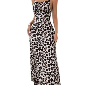 Women's Leopard Bodycon Cami Dress Cowl Neck Backless Long Maxi Dress Party Clubwear