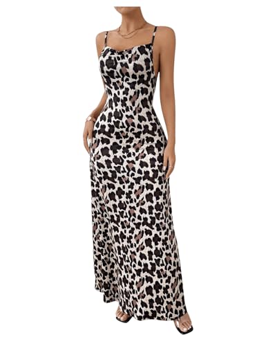 Women's Leopard Bodycon Cami Dress Cowl Neck Backless Long Maxi Dress Party Clubwear