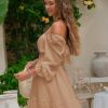 Women's 2025 Casual Long Lantern Sleeve Dresses Square Neck Ruffle Tie Back Elastic Waist Aline Short Mini Dress