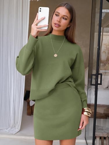 Women 2 Piece Sweater Skirt Sets Mock Neck Long Sleeve Knit Pullover Top Matching Mini Skirts Fall Winter Outfits 2025
