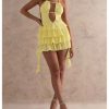 Women's Y2k Ruffle Lace Backless Layered Halter Mini Dress Deep V Party Jellyfish Dress