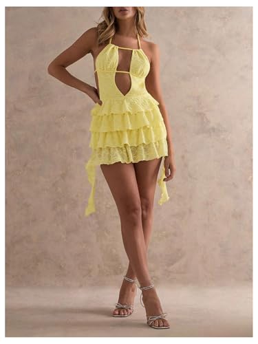 Women's Y2k Ruffle Lace Backless Layered Halter Mini Dress Deep V Party Jellyfish Dress