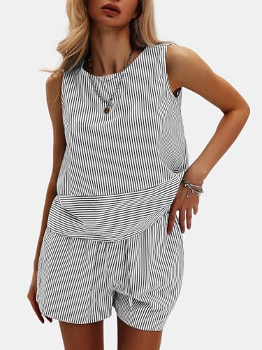 Women's Summer 2 Piece Outfits Sleeveless Tank Top Matching Shorts Sets Cotton Striped Sweatsuits Vacation Beach 2025