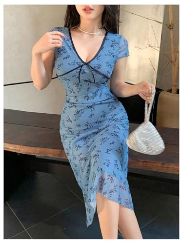Women's Summer Floral Mesh Midi Dress Short Sleeve V Neck Fit and Flare Sundress