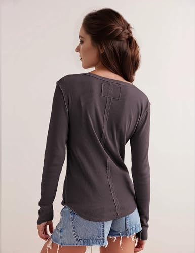 Womens Henley Tunic Shirts Long Sleeve Slim Fit Basics Ribbed Crewneck Button up Tops