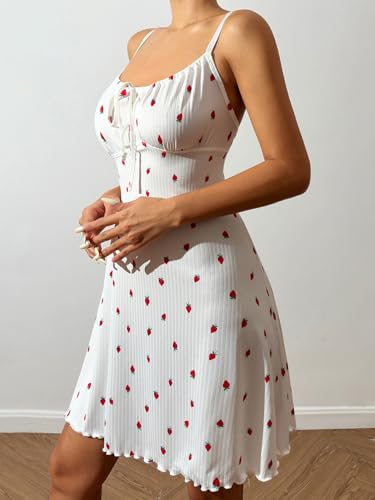 Women's Sexy Strawberry Pajama Dress Bow Sweetheart Neck Sleeveless Babydoll Nightgown Pj Sleep Dress