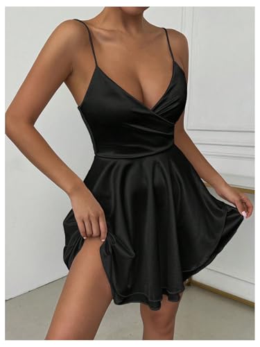 Women's V Neck Spaghetti Strap Tiered Fit and Flare A Line Mini Cami Dress