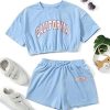 Girl's Short Sleeve Letter Graphic 2Pcs Crop Top and Track Shorts Set