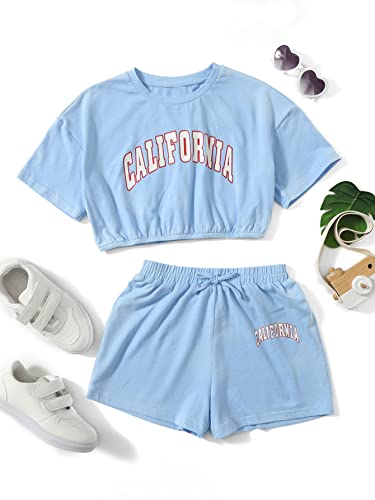 Girl's Short Sleeve Letter Graphic 2Pcs Crop Top and Track Shorts Set