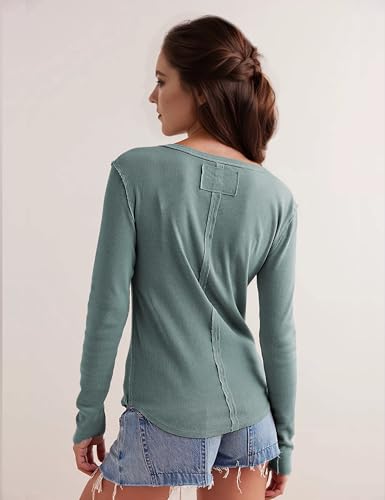 Womens Henley Tunic Shirts Long Sleeve Slim Fit Basics Ribbed Crewneck Button up Tops