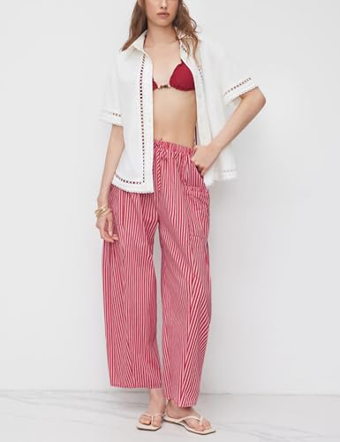 Women Wide Leg Pants Casual Striped Cotton Mid Rise Drawstring Palazzo Trousers with Pockets