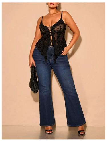 Women's Plus Size Sexy Open Front Lace Up Sheer Mesh Ruffle Trim Y2k Top Camisole Tank