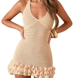 Women's Crochet Halter Mini Dress Knit Bodycon Backless Ruffle Outfits Dresses