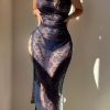 Women's Lace Lingerie Dress Babydoll High Slit Sheer Long Nightgown Halter Nightdress