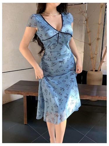 Women's Summer Floral Mesh Midi Dress Short Sleeve V Neck Fit and Flare Sundress