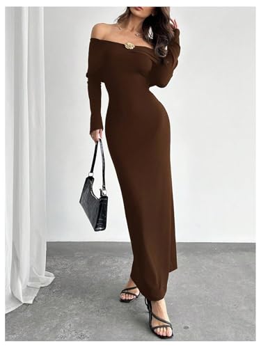 Women's Off Shoulder Bodycon Maxi Dress Long Sleeve Wedding Guest Party Long Dress