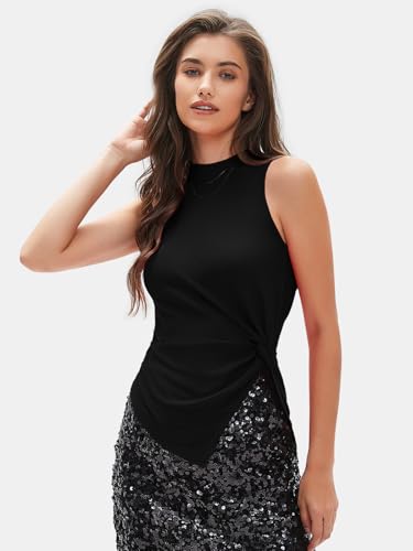 Women's Summer Sleeveless High Neck Tank Tops Sexy Twist Knot Asymmetrical Hem Shirts Going Out Top 2025