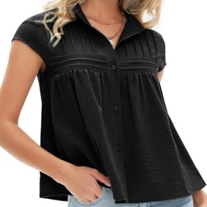Women's 2025 Summer Cap Sleeve Tops Loose Button Down Dress Shirt Casual V Neck Pleated Textured Work Blouse