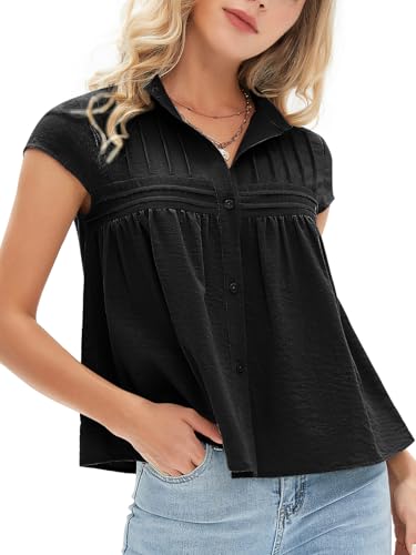 Women's 2025 Summer Cap Sleeve Tops Loose Button Down Dress Shirt Casual V Neck Pleated Textured Work Blouse