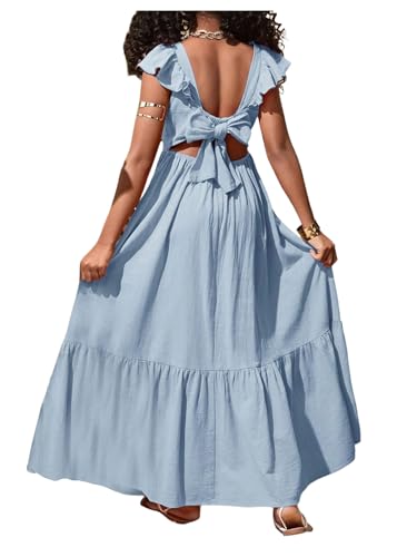 Girl's Summer Tie Back Bow Flutter Sleeve Square Neck Ruffle Hem Swing Maxi Dress