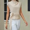Women Buckle Tie Top Stand Collar Belted Short Sleeve Elegant Summer Casual Blouse