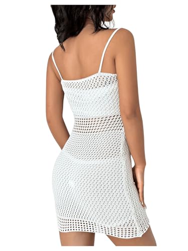Women's Crochet Knitted Sheer Hollow Out Lace Up Sexy Bodycon Mini Cami Dress