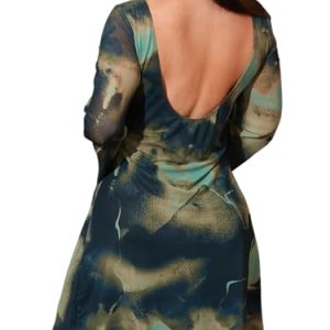 Women's Plus Size Sexy Backless Tie Dye Mesh Dress Bell Sleeve Flared Y2k Mini Dress