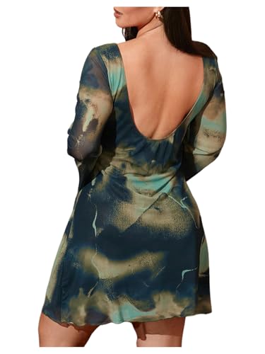 Women's Plus Size Sexy Backless Tie Dye Mesh Dress Bell Sleeve Flared Y2k Mini Dress