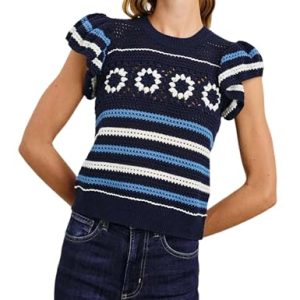 Womens Crochet Sweater Top Short Flutter Sleeve Crew Neck Summer Casual Knit Tank Pullovers