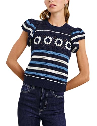 Womens Crochet Sweater Top Short Flutter Sleeve Crew Neck Summer Casual Knit Tank Pullovers