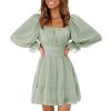 Women's 2025 Casual Long Lantern Sleeve Dresses Square Neck Ruffle Tie Back Elastic Waist Aline Short Mini Dress